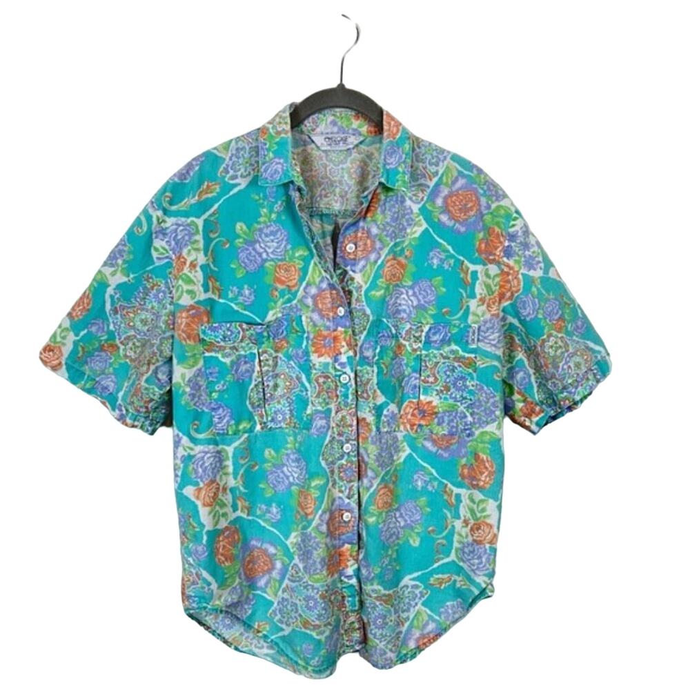 80s Floral Shirt Made in USA Vintage Women's Size L Blue Coral Green Wallpaper